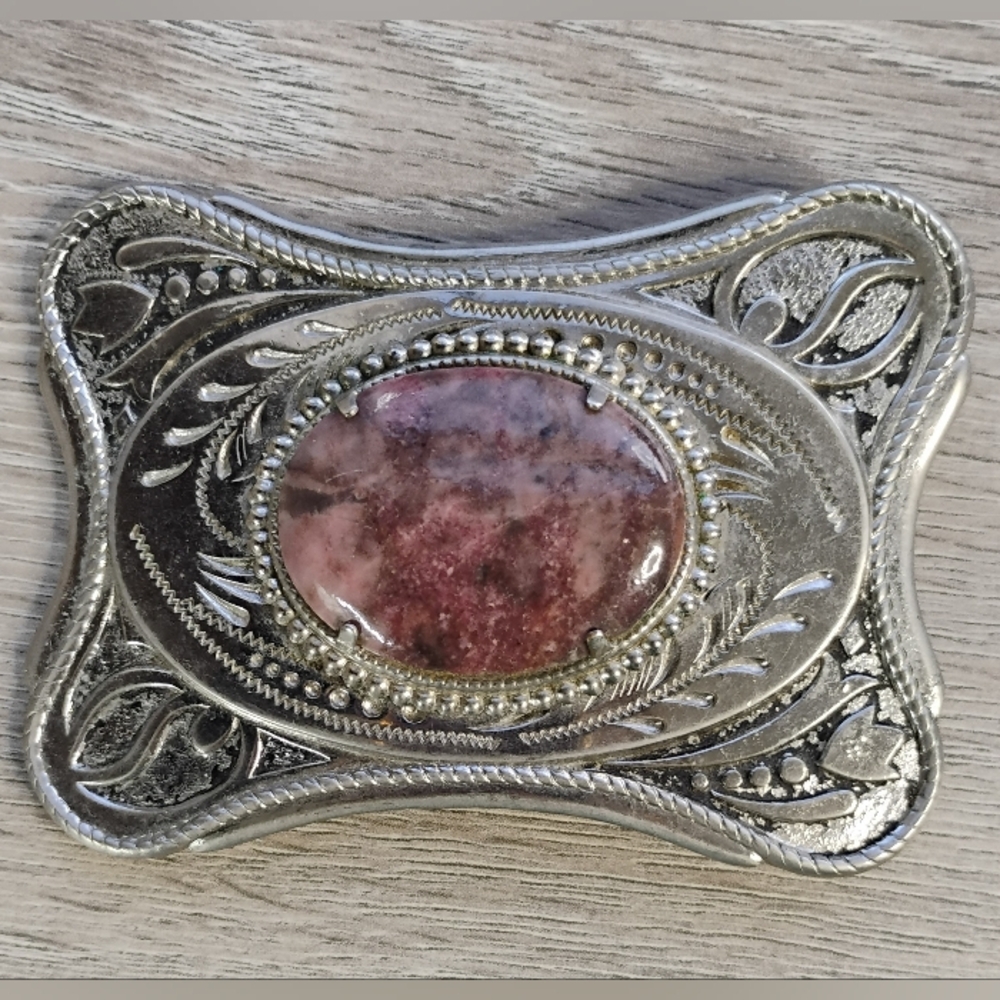 Vintage Western Natural Rhodonite Belt Buckle Silver Toned Handcrafted